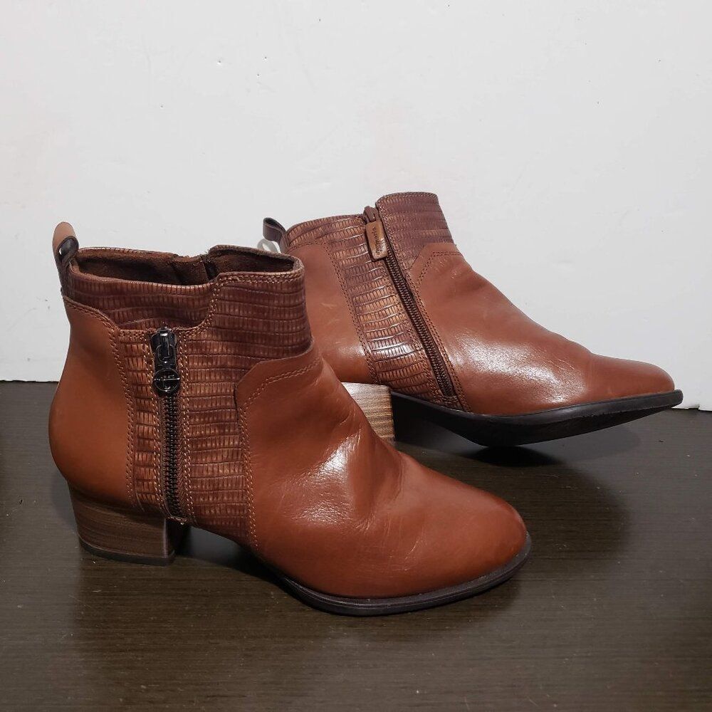 Tamaris Audra Brown Leather Zip ankle Booties Block Heel 39/ 7,5 US